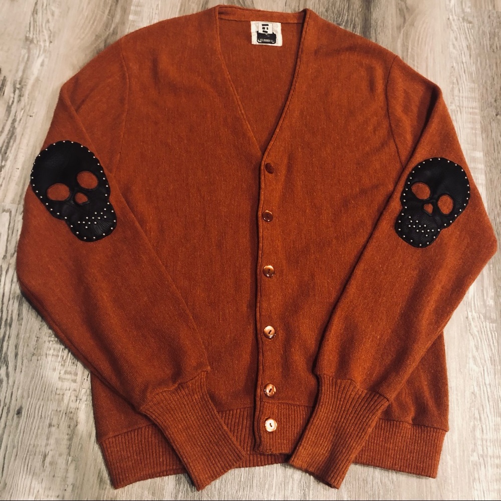 LF Orange V-Neck Sweater with Black Skull Patches